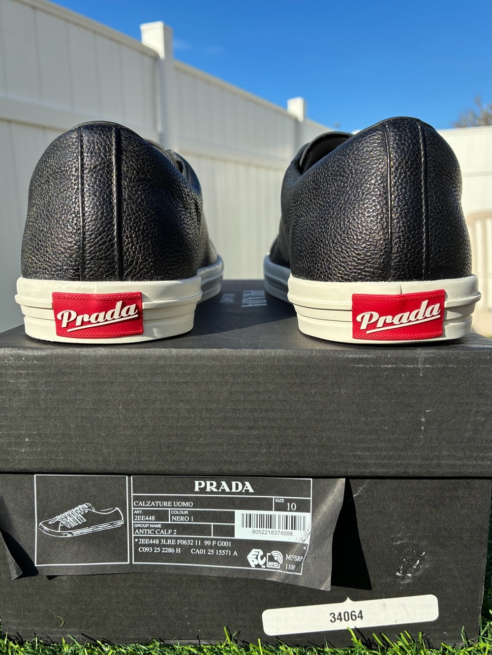 PRADA AGED-EFFECT BLACK PEBBLED LEATHER LOW-TOP SNEAKERS LOGO SZ US 11 UK 10 NEW - Picture 7 of 16